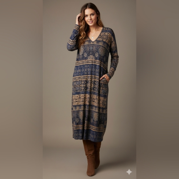 Lucky Brand Maxi Dress Blue Tan Boho Printed Fall Dress Pockets Stretch Sz Large - Picture 1 of 4